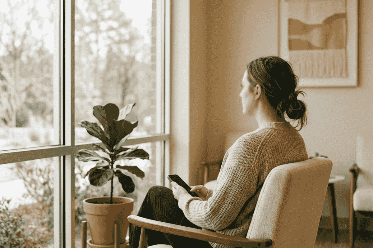 Person considering options while looking out a bright window in a calm waiting area