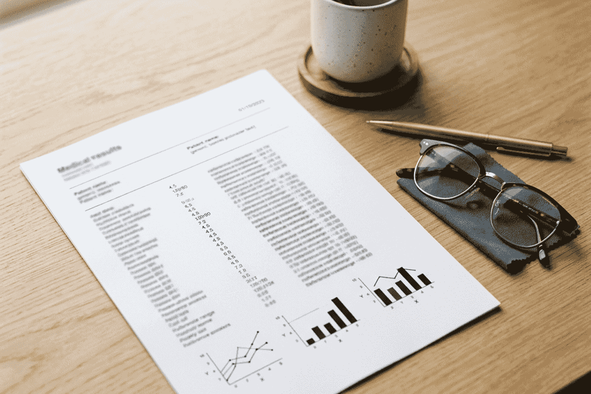 Laboratory results document on a clinic desk beside reading glasses and a pen