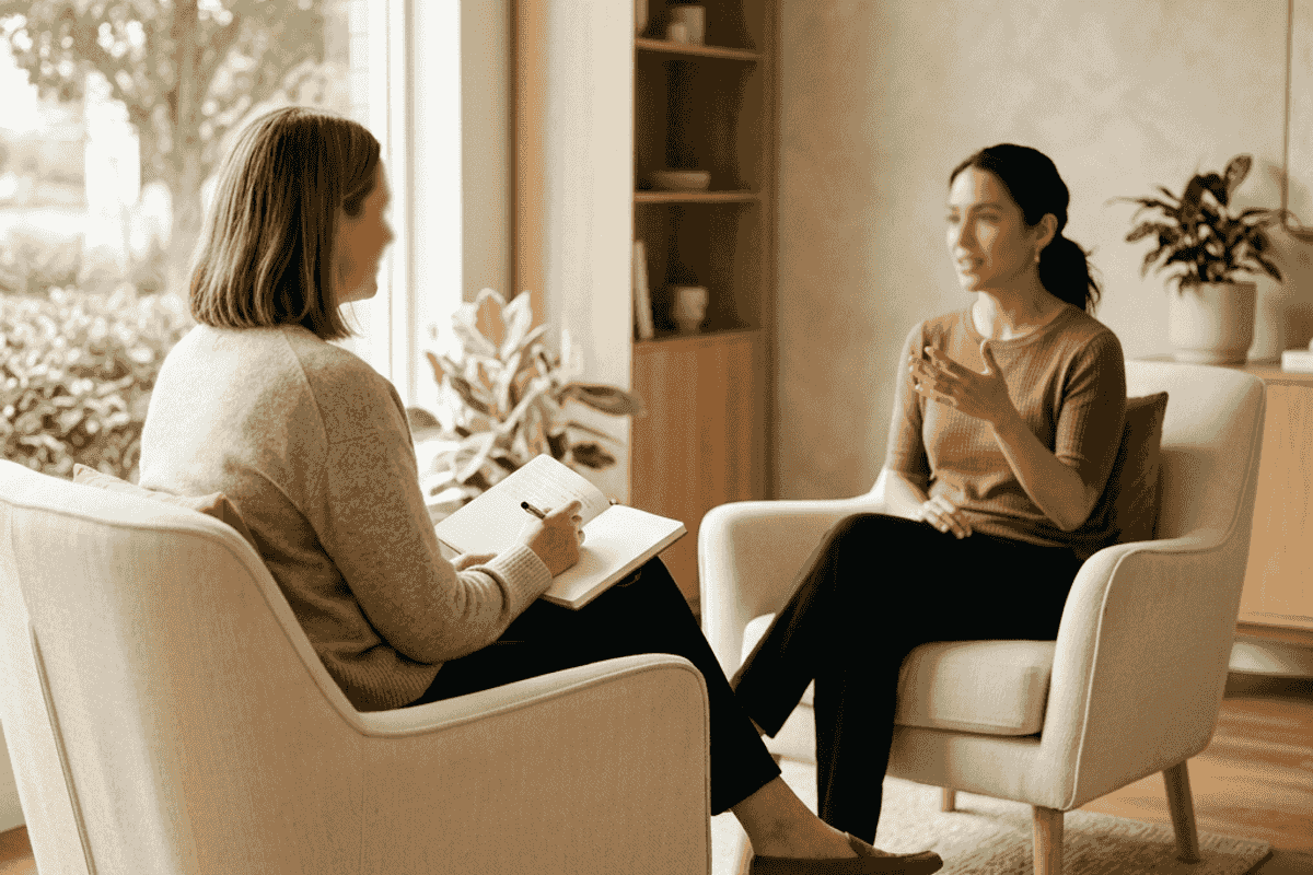 Provider listening and taking notes while seated with a patient during a consultation
