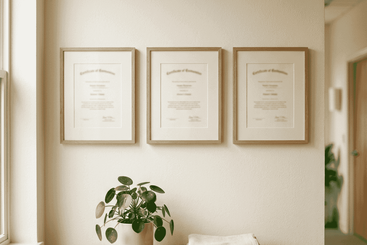 Provider credentials and certificates displayed on a clinic wall