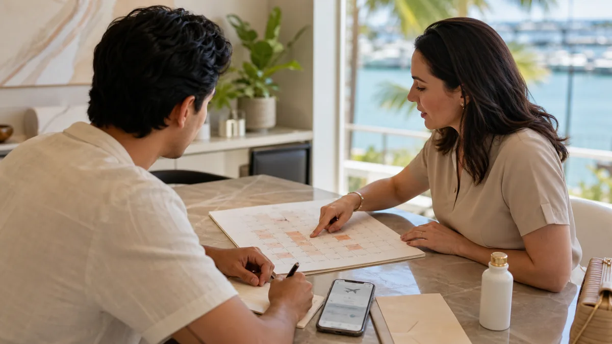 Adult client and aesthetic clinician planning treatment, travel, and sun-protection dates on a calendar before a major event