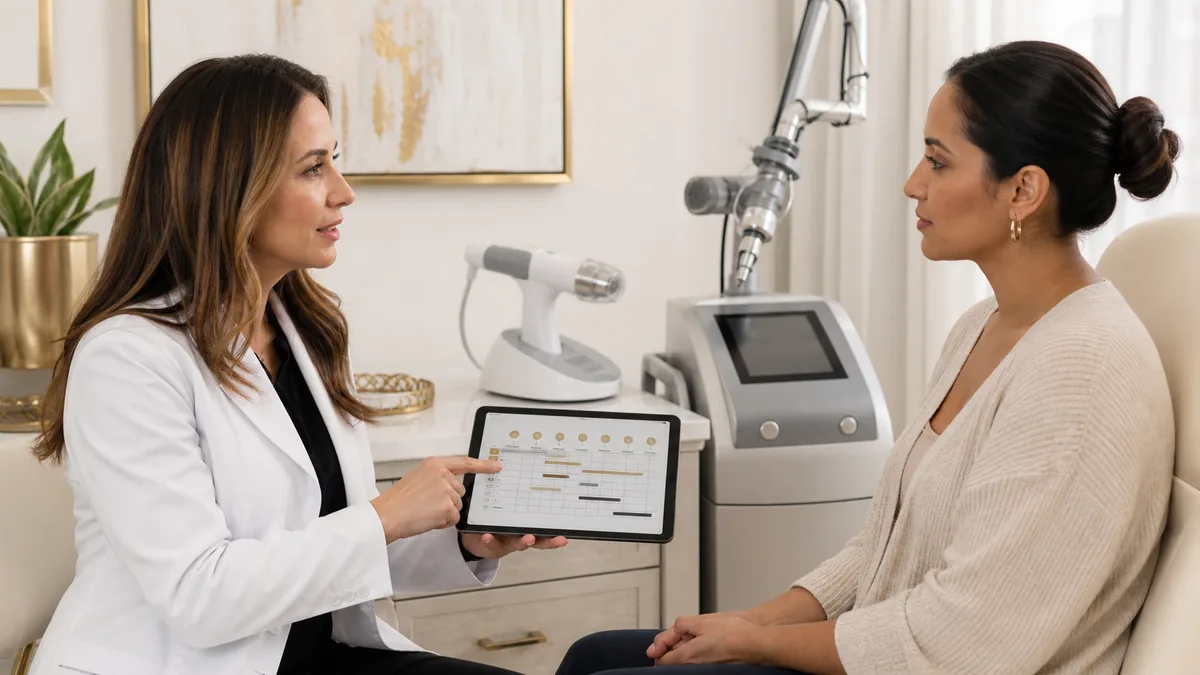 Aesthetic clinician comparing RF microneedling and fractional CO2 laser treatment timelines with an adult patient
