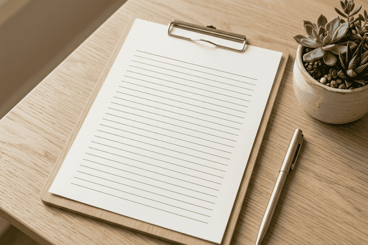 Clipboard with a simple printed cost breakdown resting on a clinic desk beside a pen